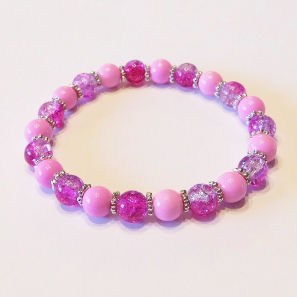 Handmade Pink & Fuchsia Glass Beaded Stretch Bracelet - 7.75" - Picture 1 of 1